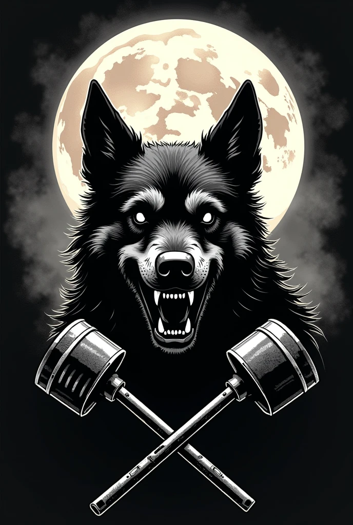 I need a motorcycle club crest with an angry stray dog in the center, with a scar on his left eye with the moon coming out from behind it and two crossed pistons at the bottom