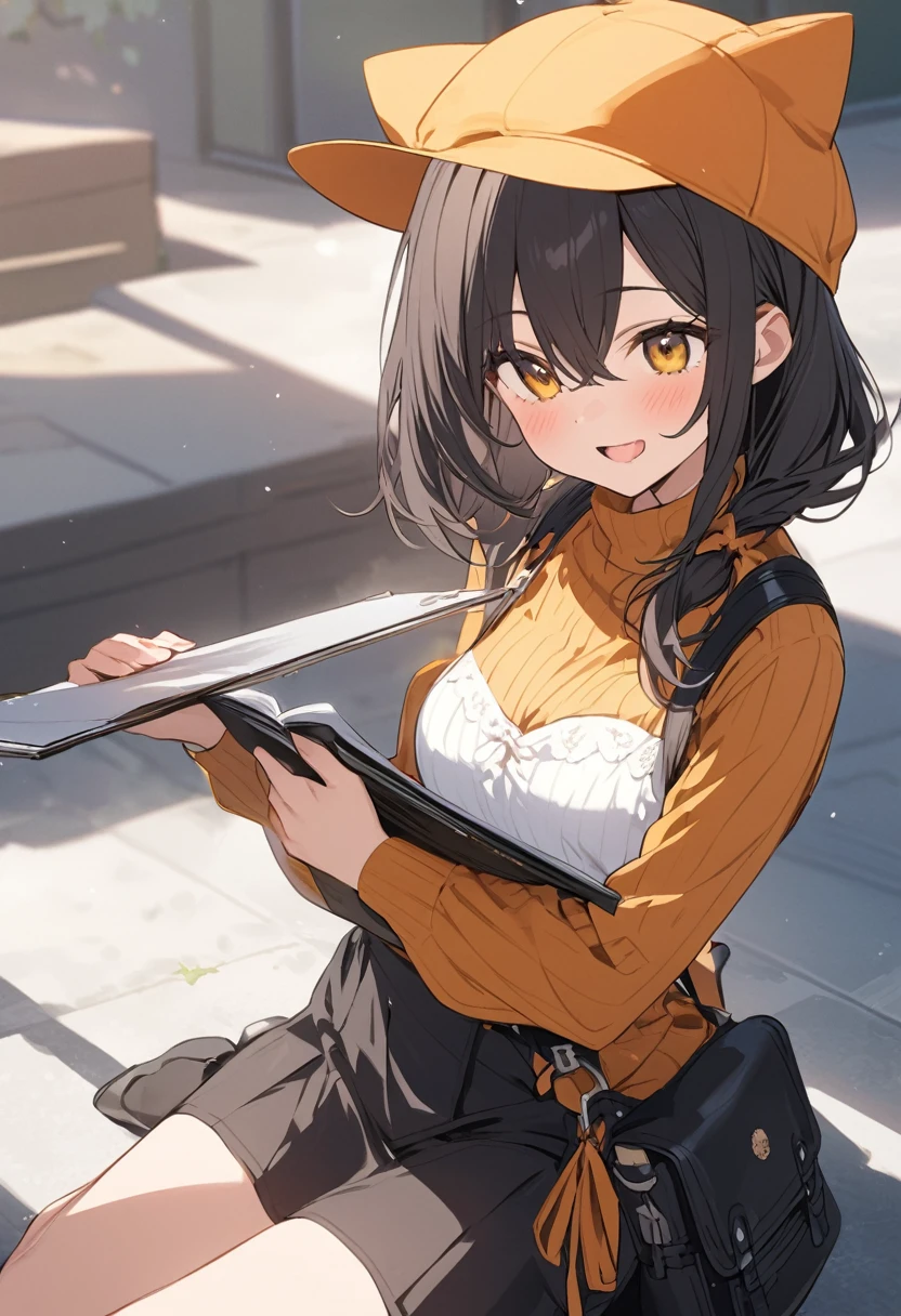 one person's、Black Hair、Twin tails、black eye、Eyes without highlights、Plain black oversized hoodie、Showing bare feet、black tights、Blackta sneakers、Platform sneakers、Sitting、Making a heart with hands、White Background