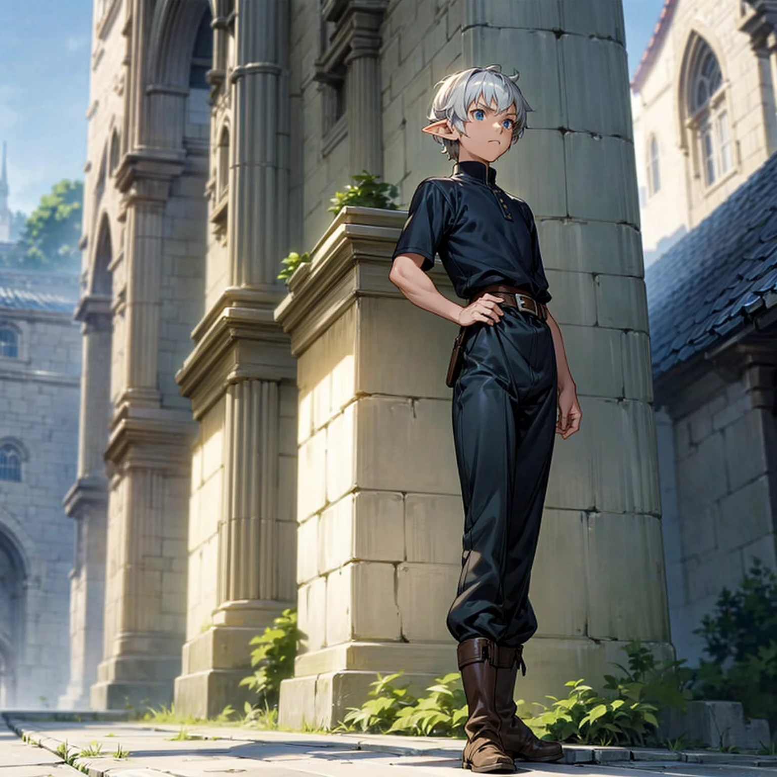 Solo character, full body version, middle aged man, muscle, (elf), blue eyes, white color hair, short Curly hair, black t-shirt , long pants, boots, belt, outdoor, village, medieval, standing gesture, detailed background, detailed clothing, detailed hair, (Makoto shinkai style art), armor 