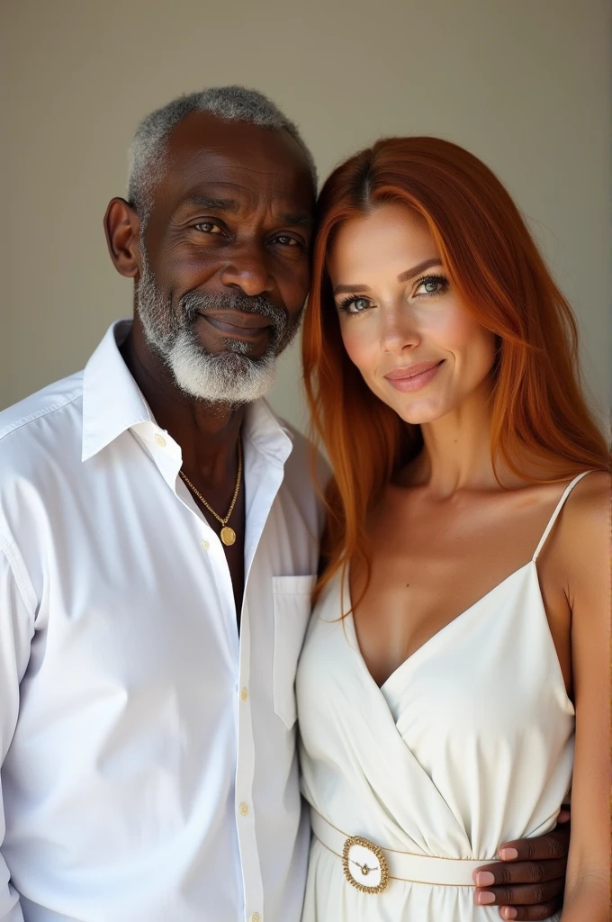 elderly man, africana, dressed in white with a woman next to her with light brown skin and straight copper-colored hair