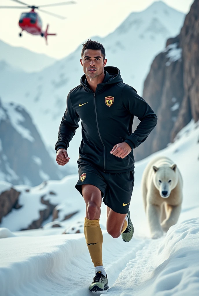 Cristiano Ronaldo ;portant un survêtement nike noir et kaki;sur les montagnes;entrain de s'entraîner;en hiver;un grand ours blanc qui cour derrière et hélicoptère derrière rouge