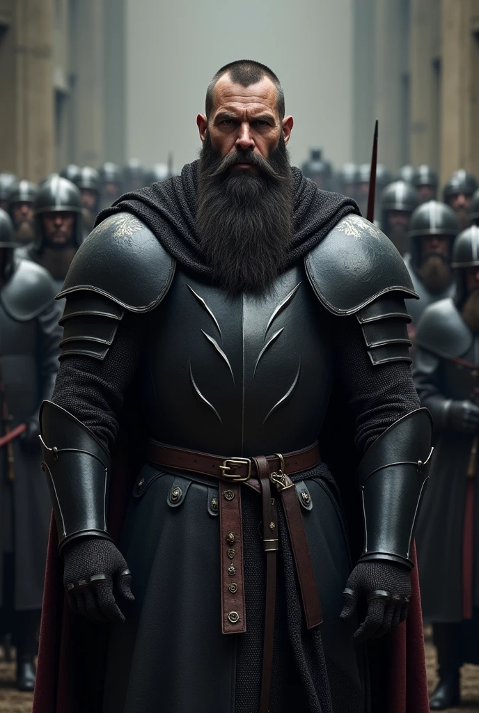 Very muscular medieval knight in black armor , black and square beard, about 50 years old, short hair, without sword, and with visible dark belt too ,with twelve more knights behind. that does not have a cape