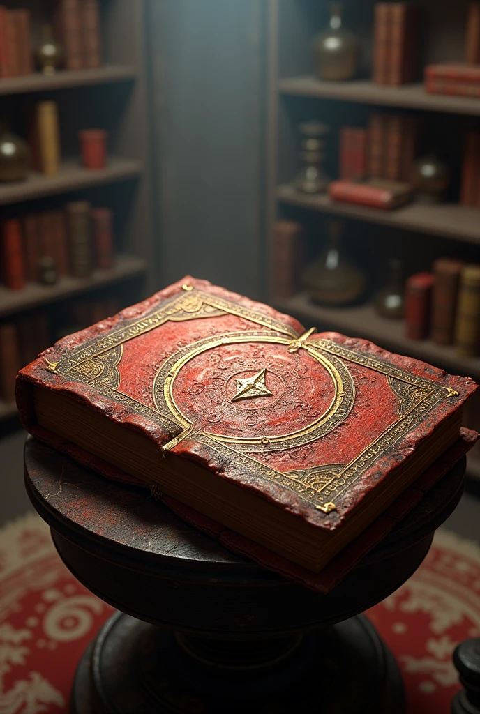 A magic book with red and gold symbols