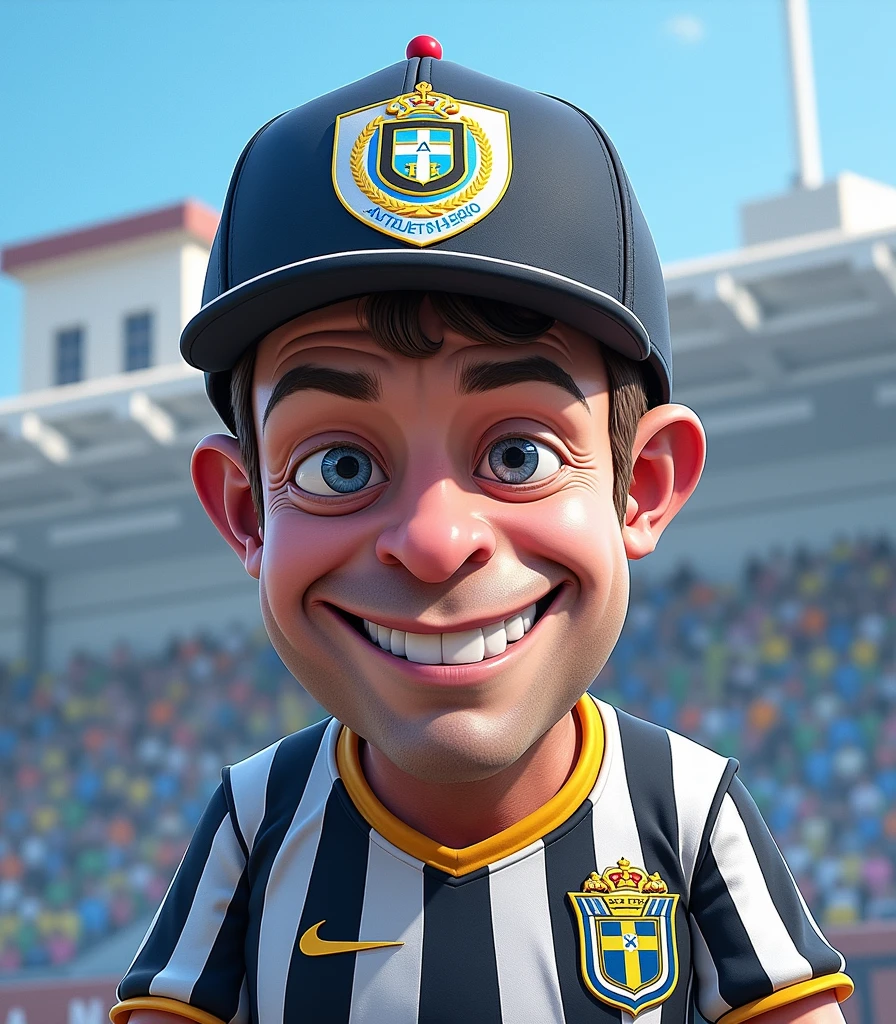 A very funny caricature of Pinocchio, with a very big head, thin legs, and big hands, wearing the black and white striped jersey of Clube Atlético Mineiro and playing soccer. The background should be completely white.