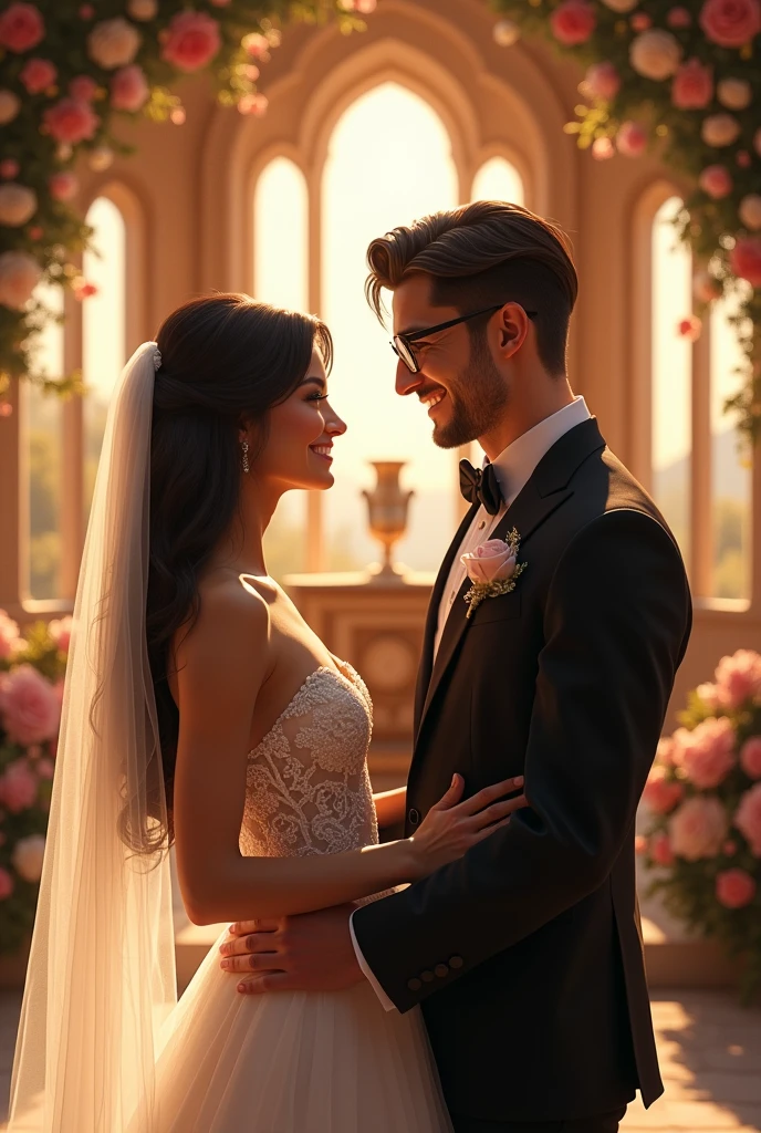 very pretty dark haired girl marrying a young man with glasses, big smile and lush buttocks!