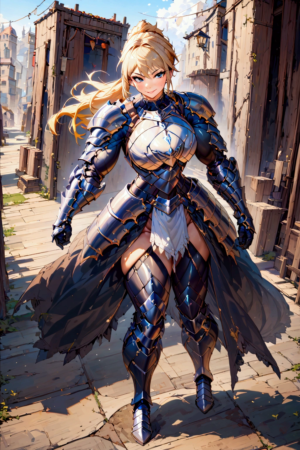 ((artwork, best quality)), ultra detailed,1girl, ((fullbody)),standing pose,mature woman,muscular body, armor, dark armor,big tits,tomboy,smile
