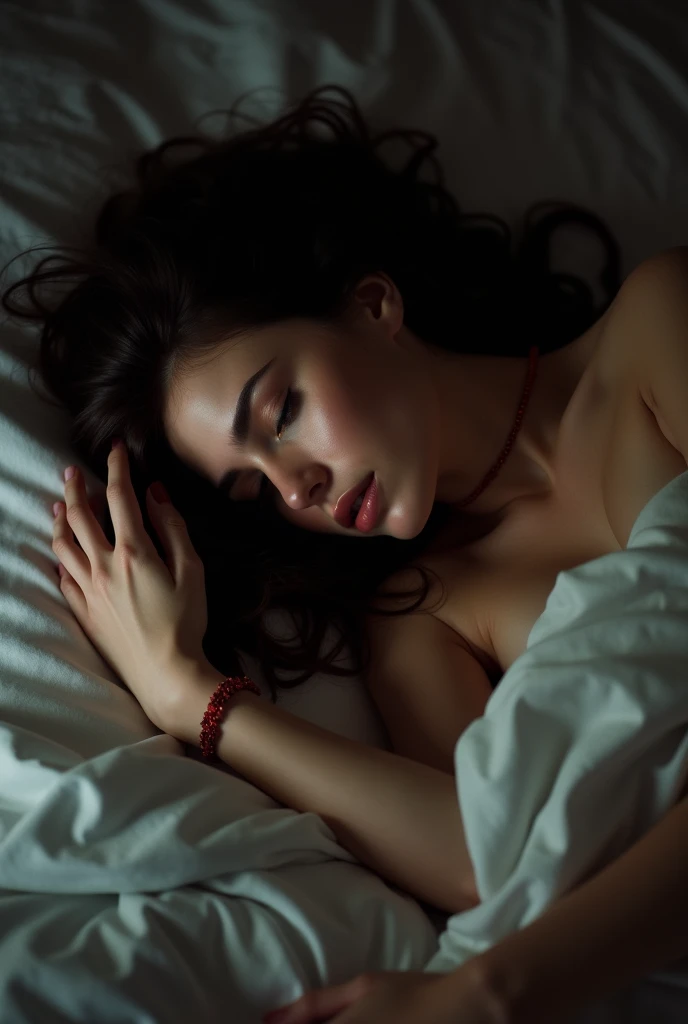 (seductive:1.1) (18. (women:1.1) (lying:1.1) under the (It covers:1.1), crying and sad, Lying on her side in bed, (Dark:1.2) Wavy hair is totally (naked:1.1) in a completely (Dark:1.1) open room with the (Alone:1.1) (soft lighting from one large softbox directland above and in front of her:1.1). she is wearing a BDSM (red choker:1.1) she is (sensual:1.4) and (bright:1.2). The scene is shot with (Kodakportra1600:1.1) (film grain:1.1) (Camara analogica:1.1) (sharp details:1.1) (50mm:1.1)