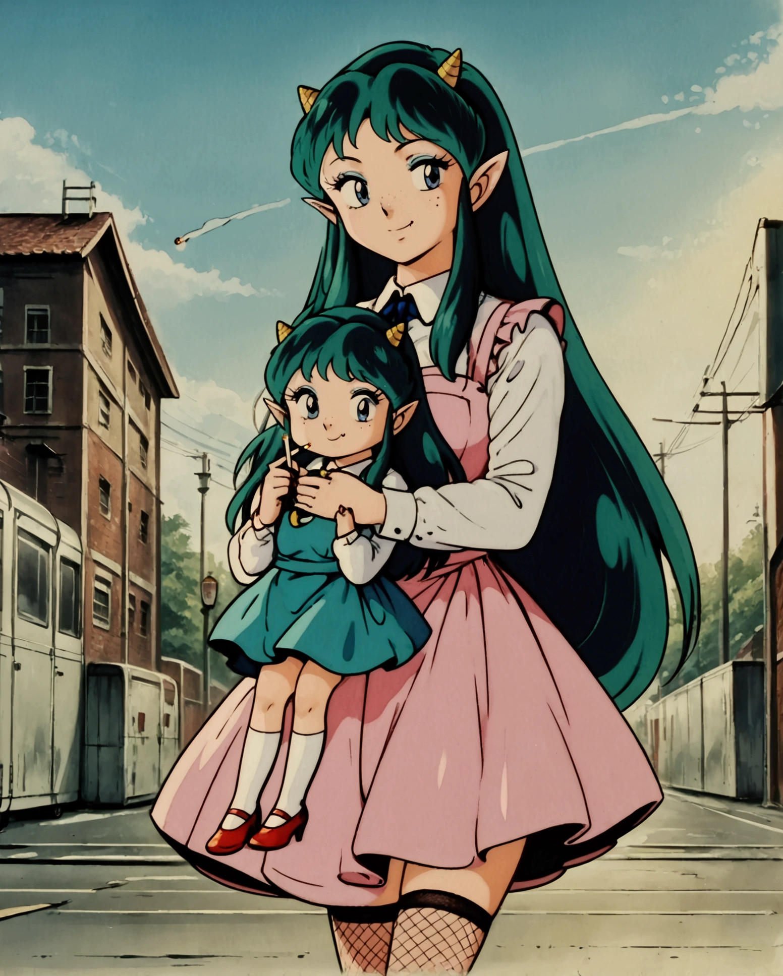 score_9, score_8_up, score_7_up, 1980's style, JK, retro, source anime, flat color, (masterpiece), (best quality), (ultra-detailed), top quality, official art, 8k wallpaper, very detailed, (an extremely delicate and beautiful), (intense colors), (dramatic lighting). lum, anime screencap, 1girl, low age, dynamic angle, Beautiful, (nsfw:0.95), cute girl, green hair, blue eyes, yellow (tiny horns), pointy ears, aqua hair, eyeshadow, gorgeous girl, kawai girl, cute face, realistic skin texture, perfect anatomy, detailed skin, detailed skin texture, cute, huge breasts, outdoor, detailed background, Gas station, pump, gas station, on the highway, standing, source_anime, white shirt collar, pink dress, long sleeves, aqua apron, solo, solo focus, fishnet stockings, red heels, retro-style, carrying a cigarette, carrying a lighter, possmach, , child, dark nose, freckles, smug, fang,