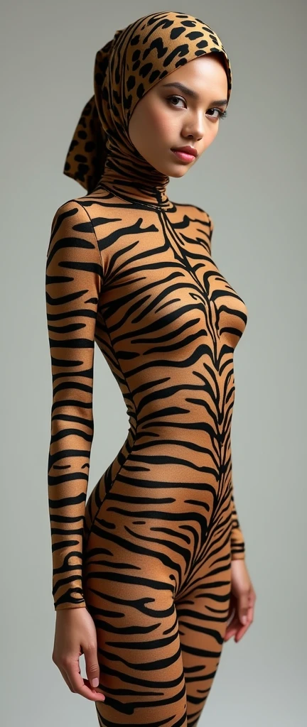 the beautiful,slender thin and prettiest Malaysian muslimah adult girl with beautiful cheeks wears tiger print lycra turtleneck unitard catsuit covered with seamless spots and always wear  tiger print lycra elastane stretchy dance wear hijab covered with seamless spots.She has beautiful lips