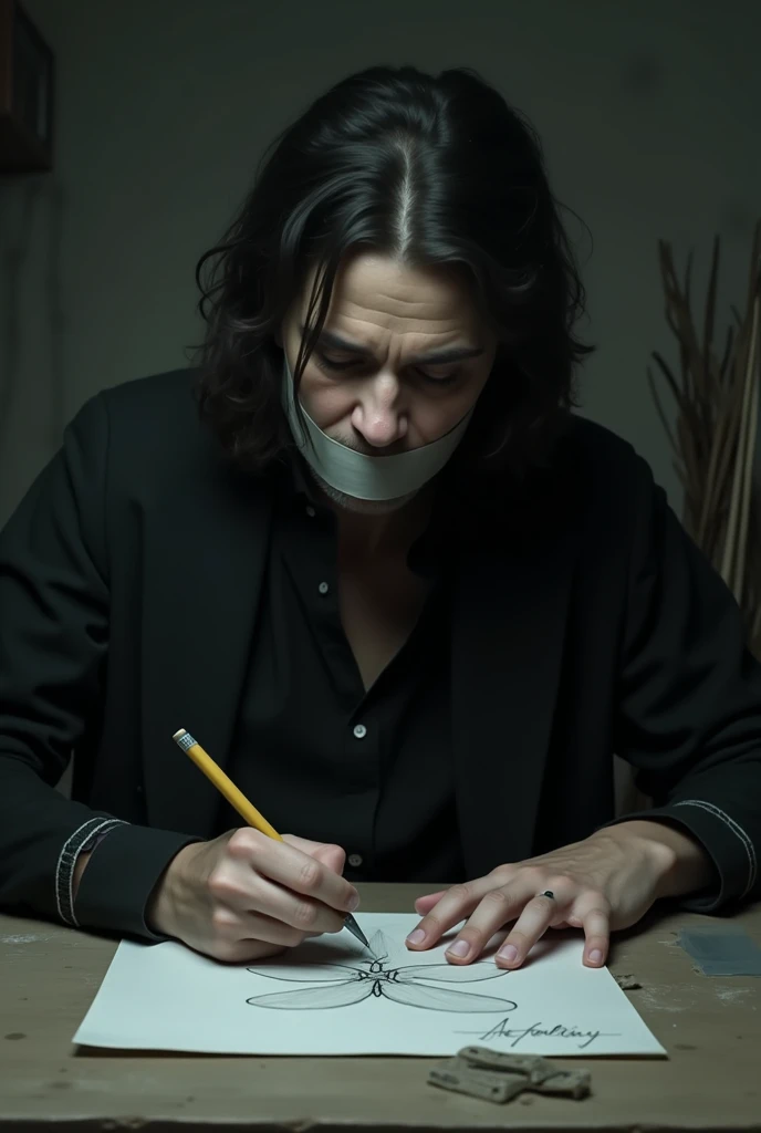 person with tape over mouth drawing