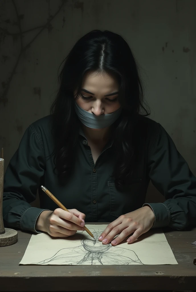 person with tape over mouth drawing