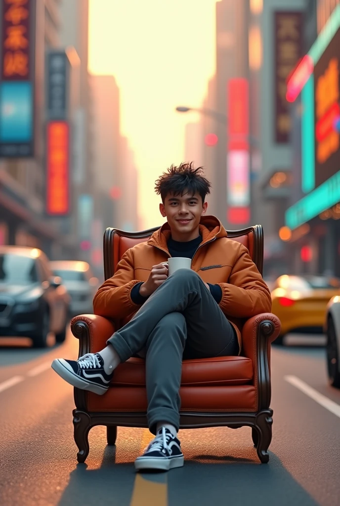 a young man shorty black messy haircut, wear outfit jacket clothes, long pant clothes, wear vans shoes, sit down in elite chair while crossed legs middle road while holding white coffee glass cup, natural, sweetly smile, future places, colorful lighting sun, future cars, award winning photography, real hyper realistic, real human japanese, UHD 8k, detailed photo, perfect face, detailed places, landscape, full body, photo was taken from a long distance in the future city