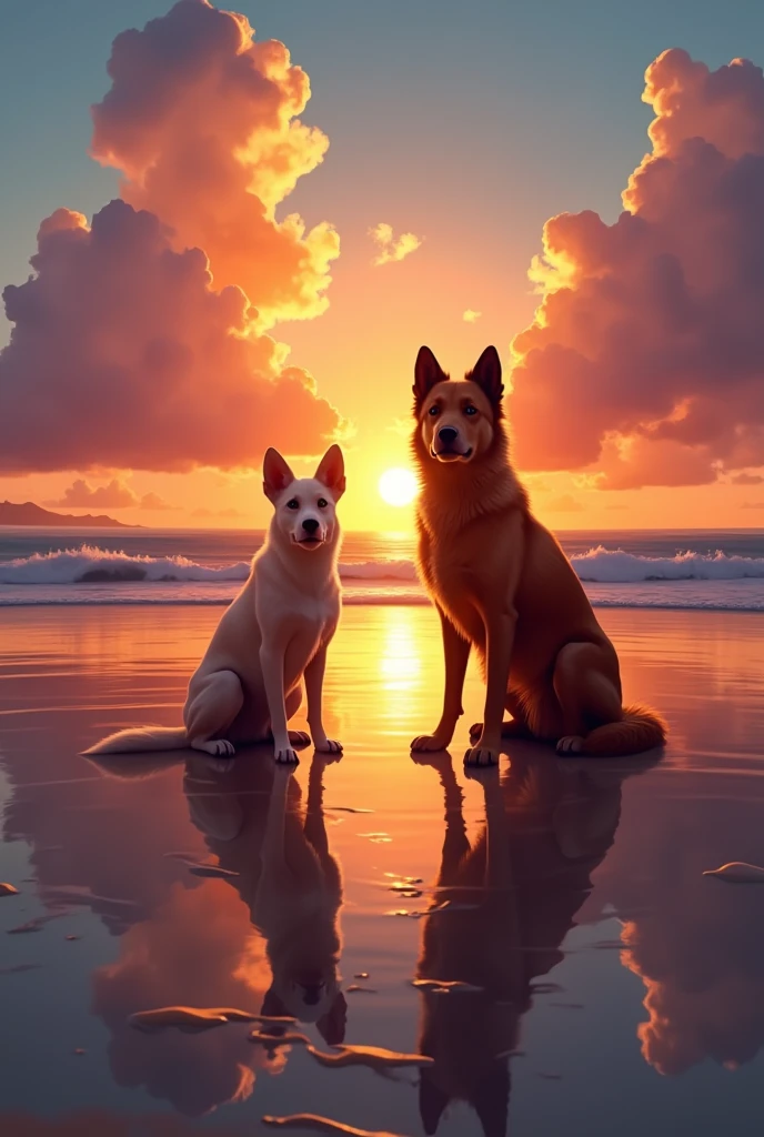 Two dogs standing on a beach at sunset, reflecting in the wet sand. A large dog and a smaller dog side by side. Beautiful sky with clouds illuminated by the setting sun. Calm ocean in the background. Photorealistic style with vibrant colors and detailed reflections.