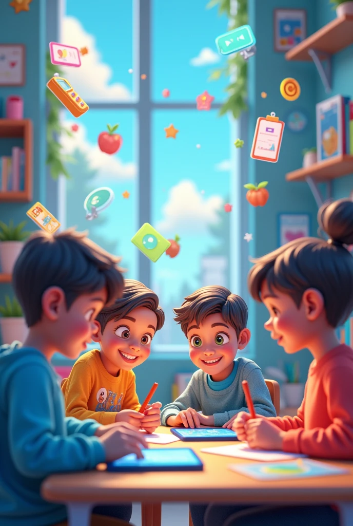 I need 3D drawing illustrations showing technology in children's learning with instruments such as tablets, smart displays, computers, cell phones