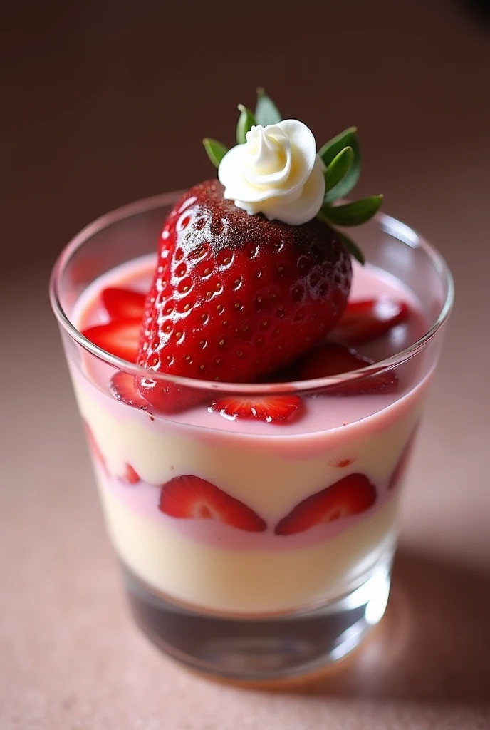 in a glass with a layer of strawberries and cream and culminates with a strawberry shining with a flake of cream and chocolate jelly