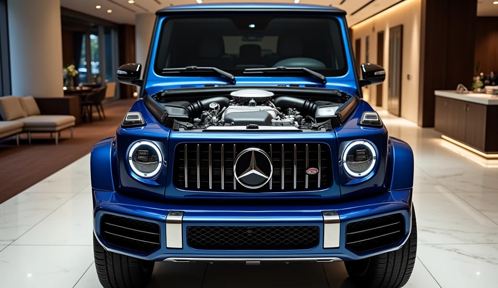 A detailed view of the engine of the New 2025 Mercedes-Benz Baby G-class, showcased in a sleek blue color, parked in an upscale showroom. The engine bay is meticulously designed, highlighting the advanced engineering and powerful performance of the vehicle. The polished components and precise layout reflect both the vehicle's strength and the attention to detail that defines the Mercedes-Benz brand. The deep blue exterior of the Baby G-class contrasts with the pristine engine compartment, enhancing its sophisticated appeal. The showroom is luxurious, featuring polished marble floors, expansive glass walls, and refined decor, all bathed in ambient lighting that underscores the vehicle’s premium quality and advanced technology.