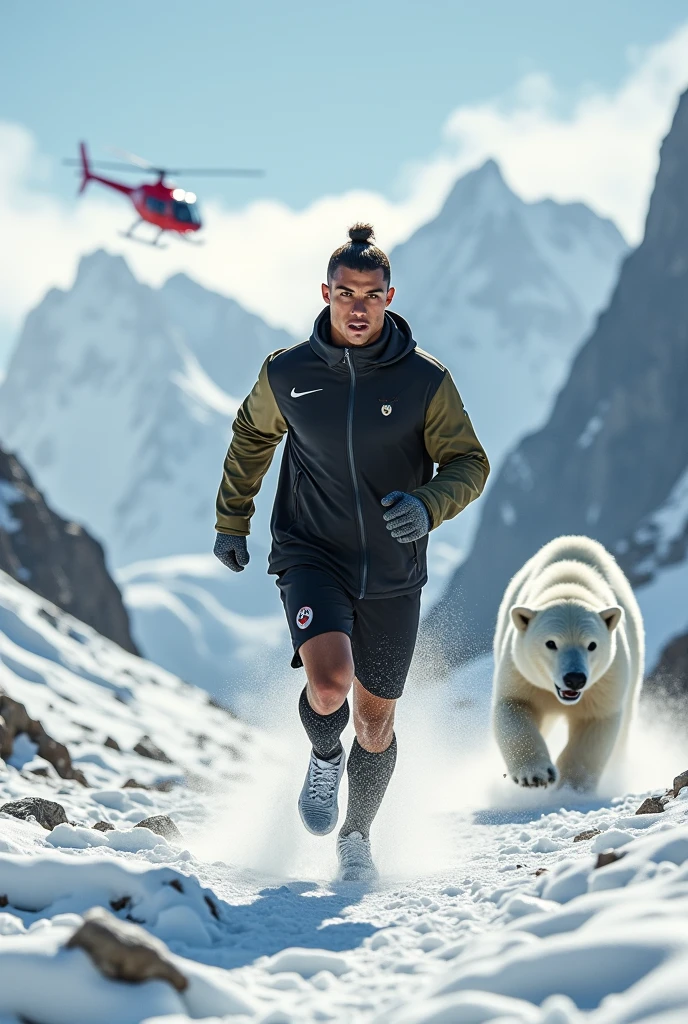 Cristiano Ronaldo ;portant un survêtement nike noir et kaki;sur les montagnes;entrain de s'entraîner;en hiver;un grand ours blanc qui cour derrière et hélicoptère derrière rouge
