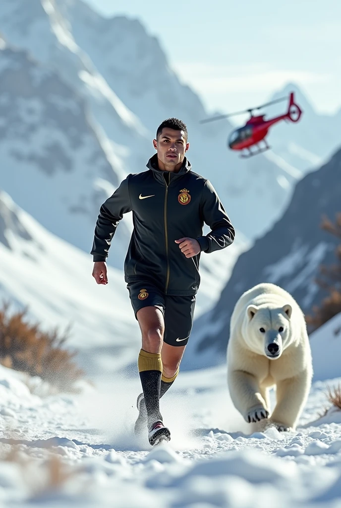 Cristiano Ronaldo ;portant un survêtement nike ???? et kaki;sur les montagnes;entrain de s'entraîner;en hiver;un grand ours blanc qui cour derrière et hélicoptère derrière rouge

