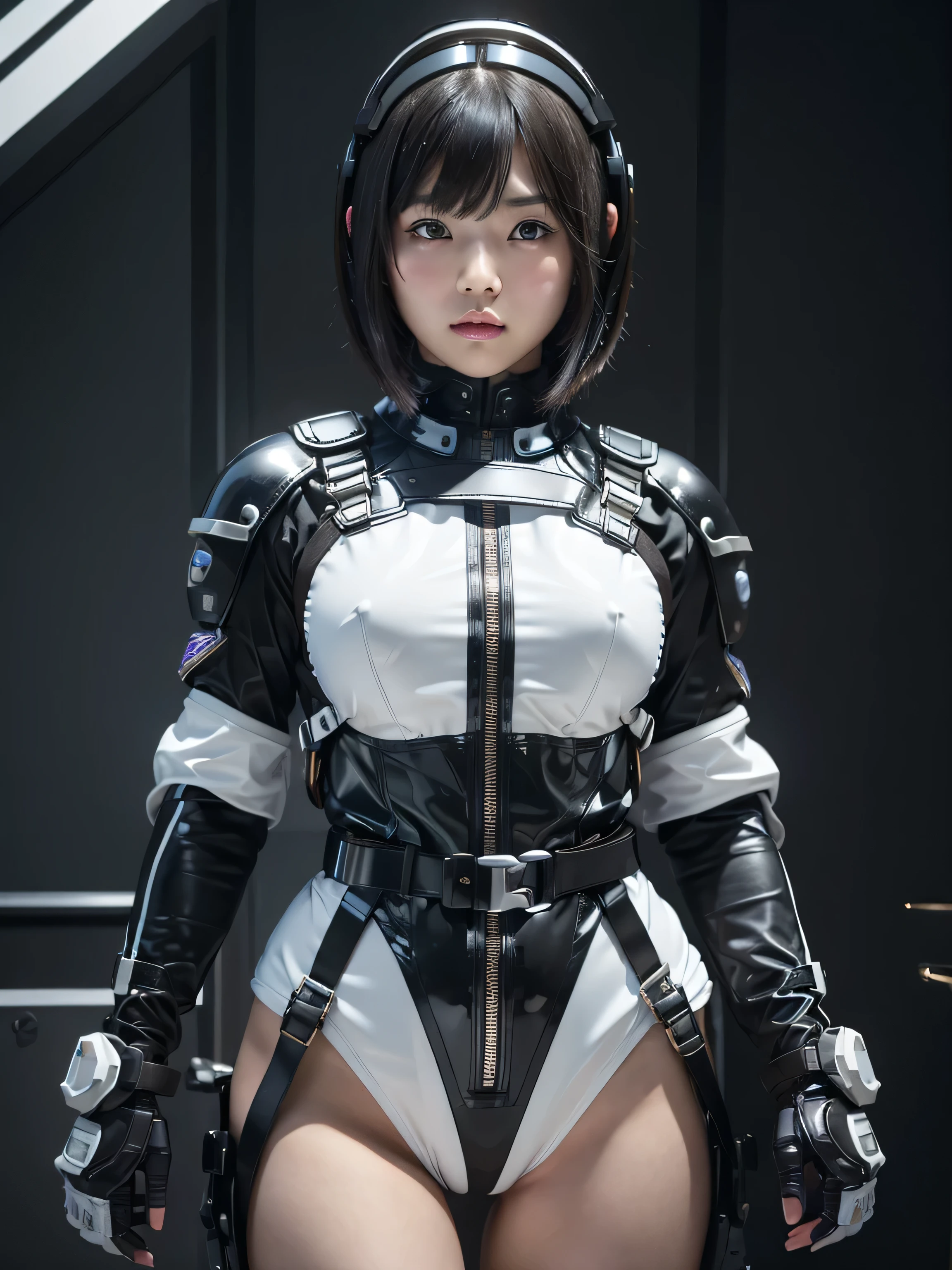 masterpiece, Highest quality, Very detailed, Japanese Android girl, Beautiful 2 Japanese woman, Plump,Control panel,Android,cyborg,Blunt bangs,black and white bodysuit,Thick harness belt,Full-face helmet,In combat