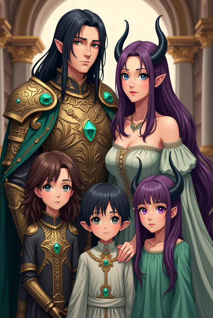 medieval royal family, Human Pope with long straight black hair, RAF Blue eyes, wearing an armor full of jewels (emeralds), serious expression and a firm pose with his hand placed on his wife's shoulder, Mom (wife) purple hair, with black horns and elf ears, fuchsia pink eyes, with a beautiful light green dress, detailed, 4k definition, with her 6 boys and 1 girl, anime style.
