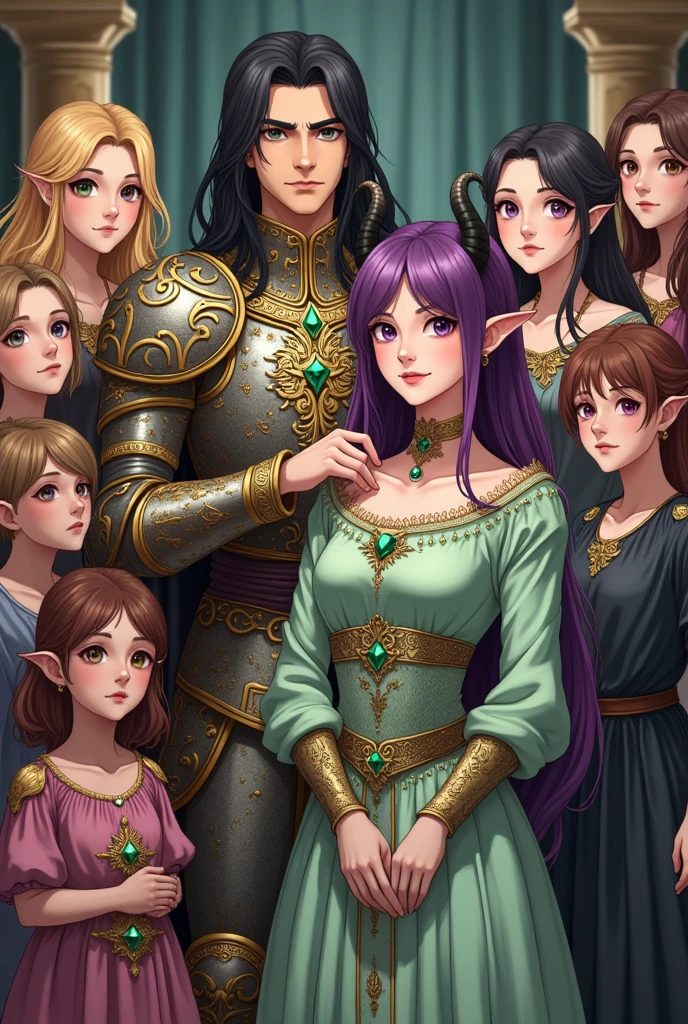 medieval royal family, Human Pope with long straight black hair, RAF Blue eyes, wearing an armor full of jewels (emeralds), serious expression and a firm pose with his hand placed on his wife's shoulder, Mom (wife) purple hair, with black horns and elf ears, fuchsia pink eyes, with a beautiful light green dress, detailed, 4k definition, with her 6 boys and 1 girl, anime style.