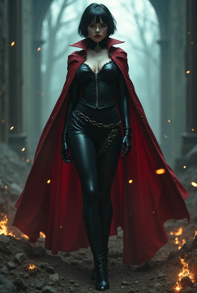 Dark short haircut blue eyes sexy bella supervampire gothic girl stockings high heels black uniform red cape emerge de debajo de la tierra con mucho poder . The gangsters are frightened and fire their machine guns at her, all the bullets bouncing off her, flattening and deforming, and falling to the ground.