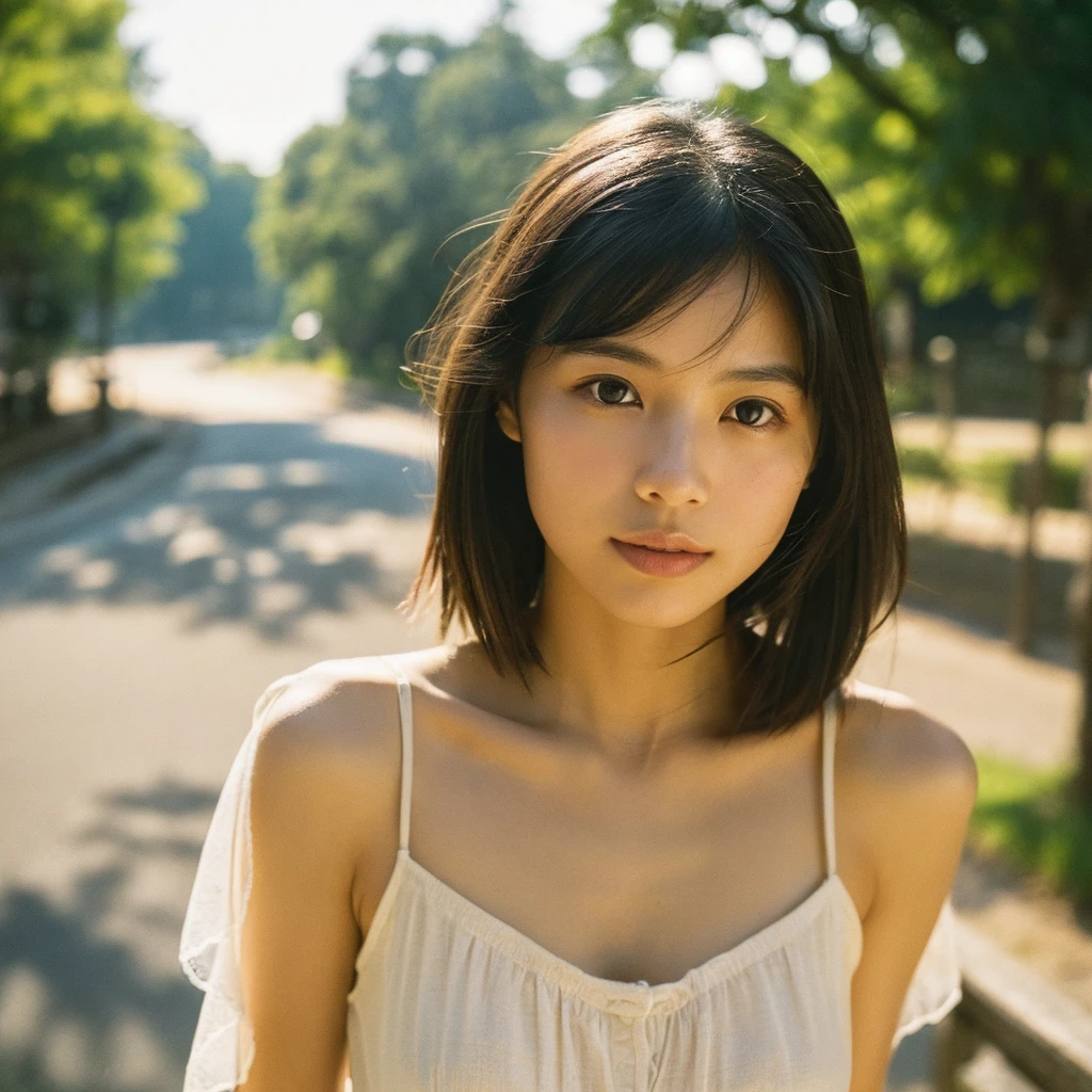 A hyper-realistic close-up image of a single Japanese woman in her early 20s, captured with the nostalgic warmth and subtle graininess of a film camera, focusing on her face and shoulders. Her skin has a warm beige tone with a natural, slightly rough texture that includes visible pores, fine lines, and subtle imperfections such as small blemishes, adding to the authenticity of her appearance. The soft, diffused natural light typical of a sunny summer day casts gentle, warm shadows on her face, enhancing the film-like quality while maintaining the realistic texture of her skin. Her straight, glossy black hair is slightly tousled by a gentle summer breeze, framing her face naturally. She is wearing a light, summery outfit, perhaps with straps visible at the shoulders, that complements her natural beauty and suits the warm weather. The film camera effect introduces a slight grain and a softer focus, giving the image a warm, nostalgic atmosphere while preserving the realism of her skin and features. The overall composition captures the serene and effortless elegance of a summer day, with the focus on the realistic texture of her skin and the timeless quality of the film camera aesthetic.