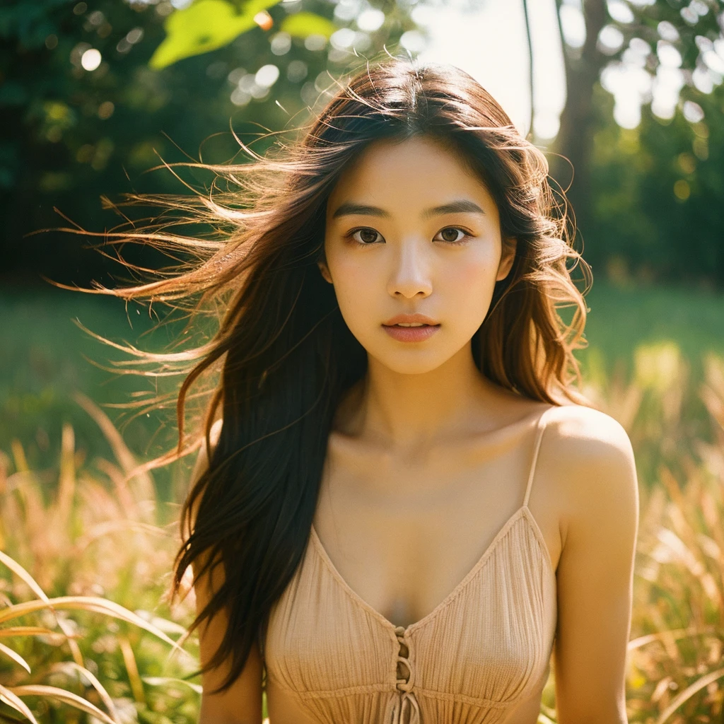 A hyper-realistic close-up image of a single Japanese woman in her early 20s, captured with the nostalgic warmth and subtle graininess of a film camera, focusing on her face and shoulders. Her skin has a warm beige tone with a natural, slightly rough texture that includes visible pores, fine lines, and subtle imperfections such as small blemishes, adding to the authenticity of her appearance. The soft, diffused natural light typical of a sunny summer day casts gentle, warm shadows on her face, enhancing the film-like quality while maintaining the realistic texture of her skin. Her straight, glossy black hair is slightly tousled by a gentle summer breeze, framing her face naturally. She is wearing a light, summery outfit, perhaps with straps visible at the shoulders, that complements her natural beauty and suits the warm weather. The film camera effect introduces a slight grain and a softer focus, giving the image a warm, nostalgic atmosphere while preserving the realism of her skin and features. The overall composition captures the serene and effortless elegance of a summer day, with the focus on the realistic texture of her skin and the timeless quality of the film camera aesthetic.