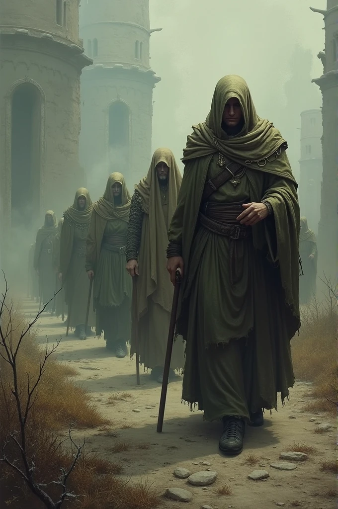 Exiled Gods: A group of divine figures, marching away from the land, with sad or resigned expressions, while leaving behind a dark and lifeless world.