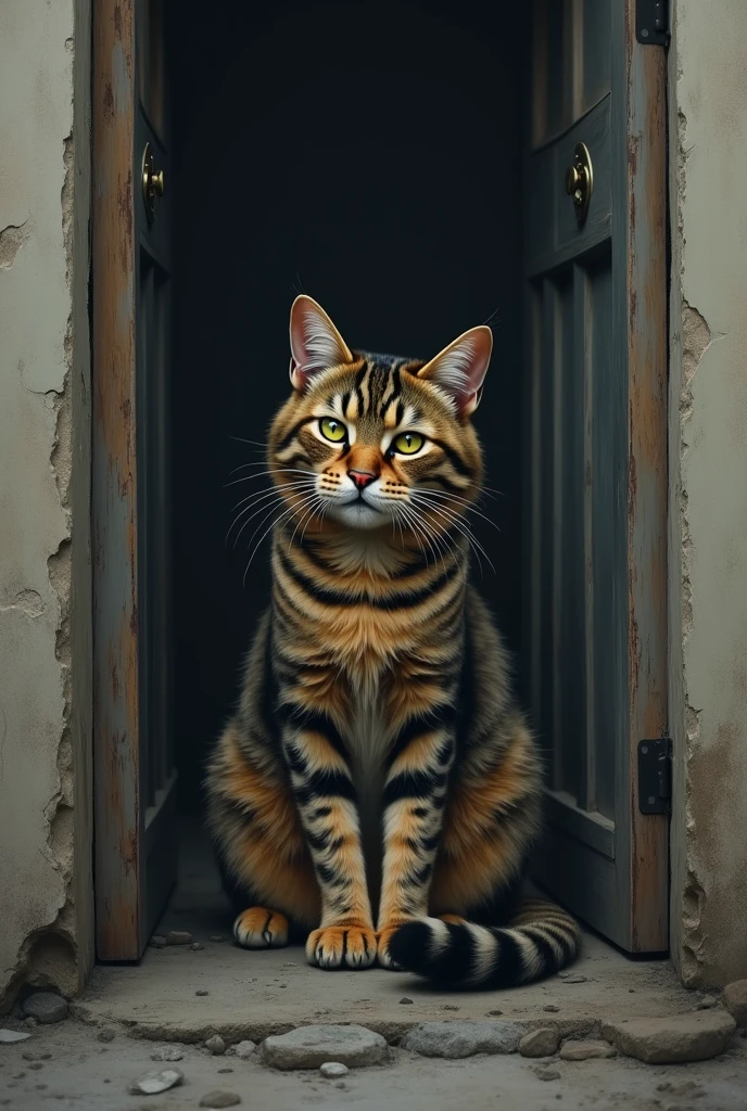 tattoo of a sad cat outside a door