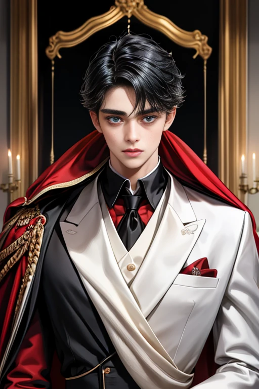 masterpiece, 最high quality, high quality, 1 boy, alone, Male focus, Upper Body,Watching the audience, Messy black hair, Adorable big blue eyes, White, Noble, Noble,A black and red cape that is bursting with sexy volume、Tuxedo、A very voluminous, large, very large, very large, long, long red and black cape with a high stand-up collar, made of a lot of fabric that reaches down to the floor., ,cute beautiful,Cute, cute, kind, handsome guy
