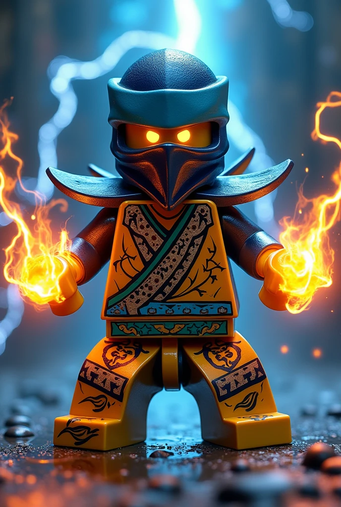 Créer moi un lego ninja go avec un masque de couleur bleu et noir sur la tête avec une puissance incroyable avec comme puissance élémentaire la foudre l’énergie la terre le feu l’eau la glace et la lumière. Les habits du ninja doit être en or, bleu, vert et rouge avec des reure en forme d’électricité avec une peau NOIR et un regard terrible sombre avec des yeux lumière brillant. Un ninja imbattable monstrueux beaucoup trop puissant qui contrôle tout les pouvoirs élémentaire. Dans une mains il fzut qu’il y a une puissance de feu et de l’autre main il faut qu’il y a le pouvoir de l’énergie et de la foudre