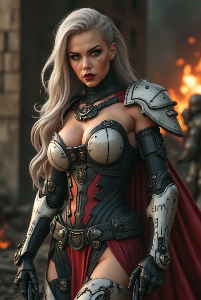 Full body pose sexy sisters of battle from the warhammer 40k, wounded in war, blood covered, shooting at the enemy, red space marine armor with intricate details, white space marine armor with intricate details, symbols on the armor, sisters of battle, warhammer 40k, Massive exposed silicone breast, pale skin, seductive, temptation, eat your soul, clevage, long white flowing hair, long red flowing hair, heavy gothic makeup, at night, neon, beautiful detailed eyes, beautiful detailed lips, extremely detailed eyes and face, long eyelashes, highly detailed space marine armor, intricate futuristic laser weaponry, dramatic lighting, cinematic composition, muted color palette, gritty and realistic, mecha, science fiction, hyper-detailed, photorealistic, award winning digital art, 8k, HDR, masters work, in the middle of a battle field, explosions and fire around, full war, stunning, cinematic, shooting at the enemy
