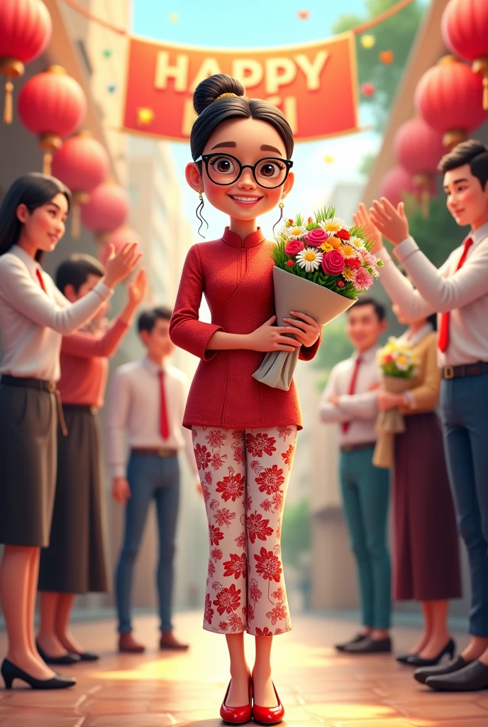 4D Cartoon of Indonesian Woman aged 30 years, wearing traditional Indonesian clothes, red kebaya, Indonesian batik cloth bottoms in white with red mega mendung motif down to the ankles, wearing glasses, high heel shoes, bun, hold a bouquet of flowers in plastic packaging, cheerful face, there is a banner with the writing, "Congratulations on the Promotion, Dr. Diah Dio", UHD, 16k, clear, flanked by 6 other people..