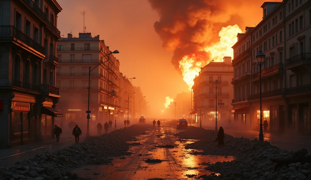 city in chaos, burning buildings, exploding bombs, Paris, destruction, urban, apocalyptic, dark, gritty, cinematic, 8k, highly detailed, photorealistic, dramatic lighting, intense colors, volumetric smoke, debris, rubble, panicked people, emergency vehicles, firefighters, explosions, fire, smoke, chaos, dystopian, urban decay, destruction
