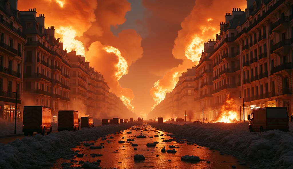 city in chaos, burning buildings, exploding bombs, Paris, destruction, urban, apocalyptic, dark, gritty, cinematic, 8k, highly detailed, photorealistic, dramatic lighting, intense colors, volumetric smoke, debris, rubble, panicked people, emergency vehicles, firefighters, explosions, fire, smoke, chaos, dystopian, urban decay, destruction