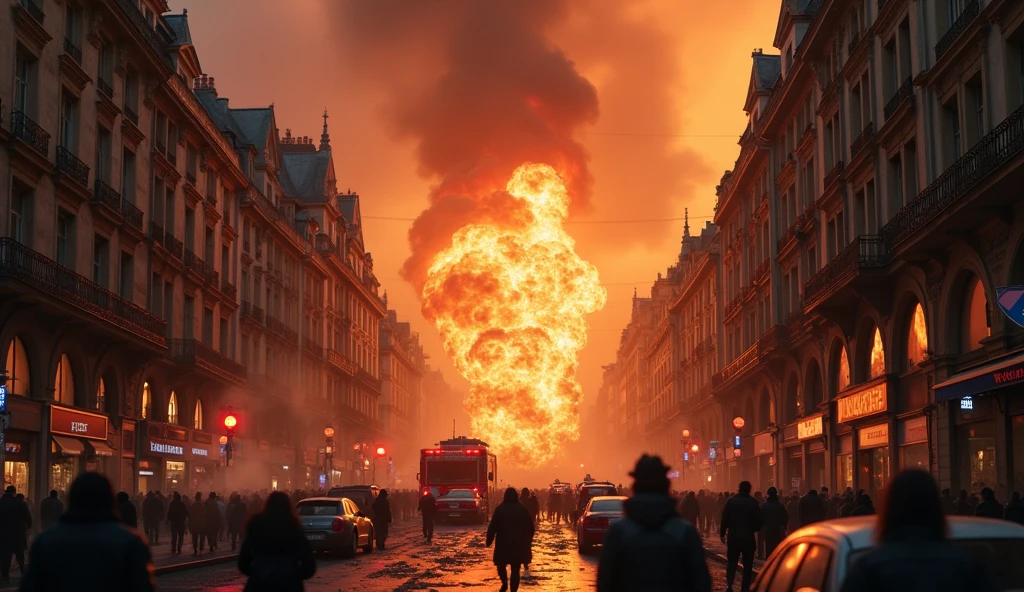 city in chaos, burning buildings, exploding bombs, Paris, destruction, urban, apocalyptic, dark, gritty, cinematic, 8k, highly detailed, photorealistic, dramatic lighting, intense colors, volumetric smoke, debris, rubble, panicked people, emergency vehicles, firefighters, explosions, fire, smoke, chaos, dystopian, urban decay, destruction
