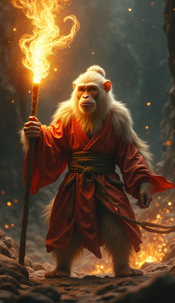 Sun Wukong as Monkey King holding a Glowing Golden Stick Weapon, with glowing effects and sparks flying around him, against a dark background, in the style of a movie poster and Chinese mythology. High-contrast color, cinematic quality, high resolution, super-detailed, super-sharp focus, depth of field, and dramatic lighting and shadows.