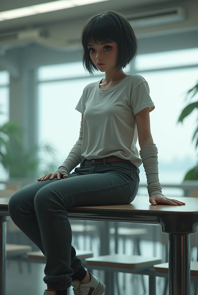 with the broken and fitted arm, literally sitting on top of a table in a somewhat futuristic cafeteria setting, short hair and normal clothes, and some bandages