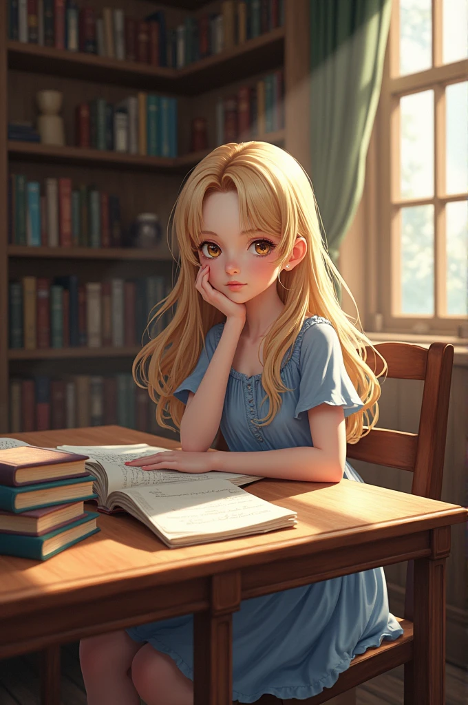 girl from , white, blonde with wavy hair, brown eyes and blue dress, sitting at a library table