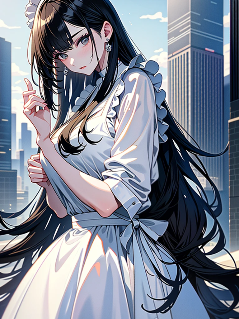 Masterpiece、High resolution、Detailed expression、4K、(Huge beauty:1.3)、Natural Fingers、Black Hair、18 meters tall、Married Woman、apron、Troubled face、Next to a high rise building