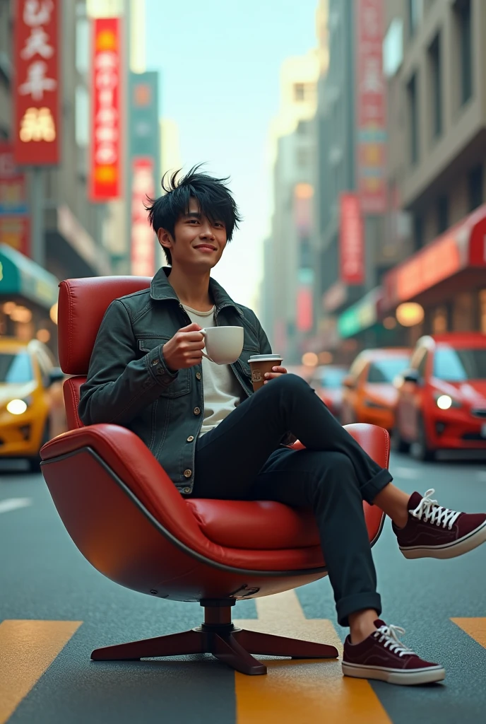 a young man shorty black messy haircut, wear outfit jacket clothes, long pant clothes, wear vans shoes, sit down in elite chair while crossed legs middle road while holding white coffee glass cup, natural, sweetly smile, future places, colorful lighting sun, future cars, award winning photography, real hyper realistic, real human japanese, UHD 8k, detailed photo, perfect face, detailed places, landscape, full body, photo was taken from a long distance in the future city