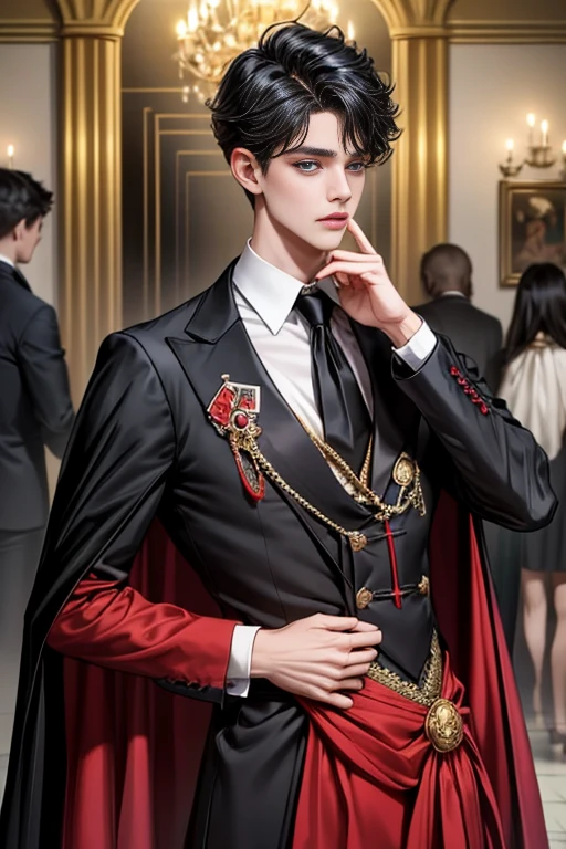 masterpiece, 最high quality, high quality, 1 boy, alone, Male focus, Upper Body,Watching the audience, Messy black hair, Adorable big blue eyes, White, Noble, Noble,A black and red cape that is bursting with sexy volume、Tuxedo、A very voluminous, large, very large, very large, long, long red and black cape with a high stand-up collar, made of a lot of fabric that reaches down to the floor., ,cute beautiful,Cute, cute, kind, handsome guy