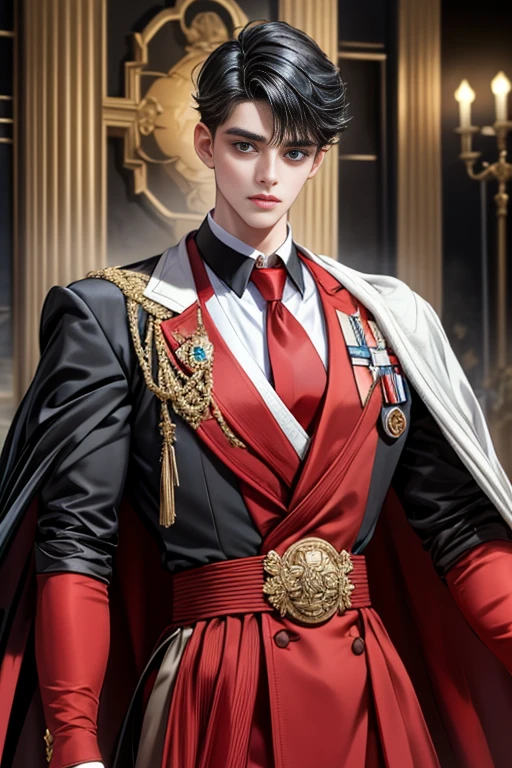 masterpiece, 最high quality, high quality, 1 boy, alone, Male focus, Upper Body,Watching the audience, Messy black hair, Adorable big blue eyes, White, Noble, Noble,A black and red cape that is bursting with sexy volume、Tuxedo、A very voluminous, large, very large, very large, long, long red and black cape with a high stand-up collar, made of a lot of fabric that reaches down to the floor., ,cute beautiful,Cute, cute, kind, handsome guy