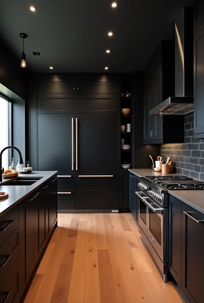 A very large kitchen that is black with slightly dark wooden floors, that looks like a modern cottage kitchen, with two refrigerators MAKE THE KITCHEN BIG 



