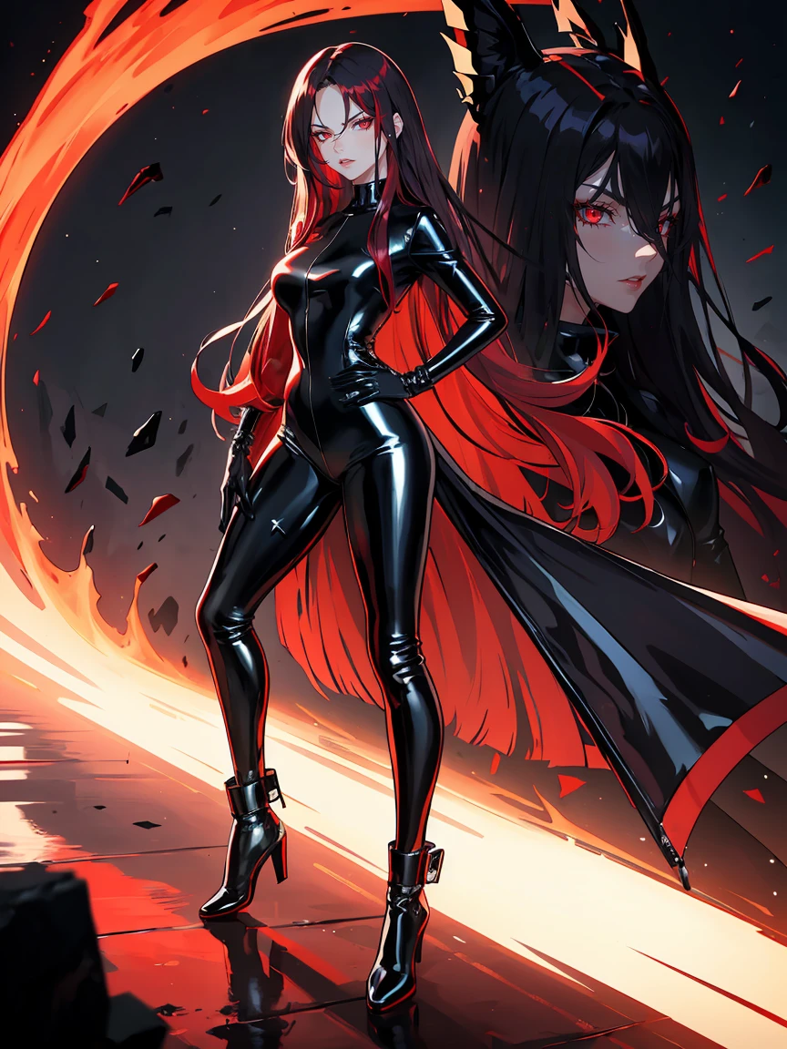 Long crimson hair, crimson eyes, evil, sexy, black and red clothes, evil face, evil, serious look, gloss lips, sinister, front look, bloody, gloves, close up, portrait, beautiful eyes, dark place, night, sensual, straight hair cut, clear skin, evil, young 30 years girl, adult girl, solo, red, very long hair, ankle length hair, handsome older WOMAN,crimson-eyes,crimson pupils,Long white hair,Hyperresolution,accuracy,Detailed rendering,(Image of fine hair)(topquality)(Masterpieces of masters)(High degree of completeness)(A sense of atmosphere)tmasterpiece,Super detailed and super detailed(((full-body)))(((Sexy black latex outfit)))(((Red hair))))