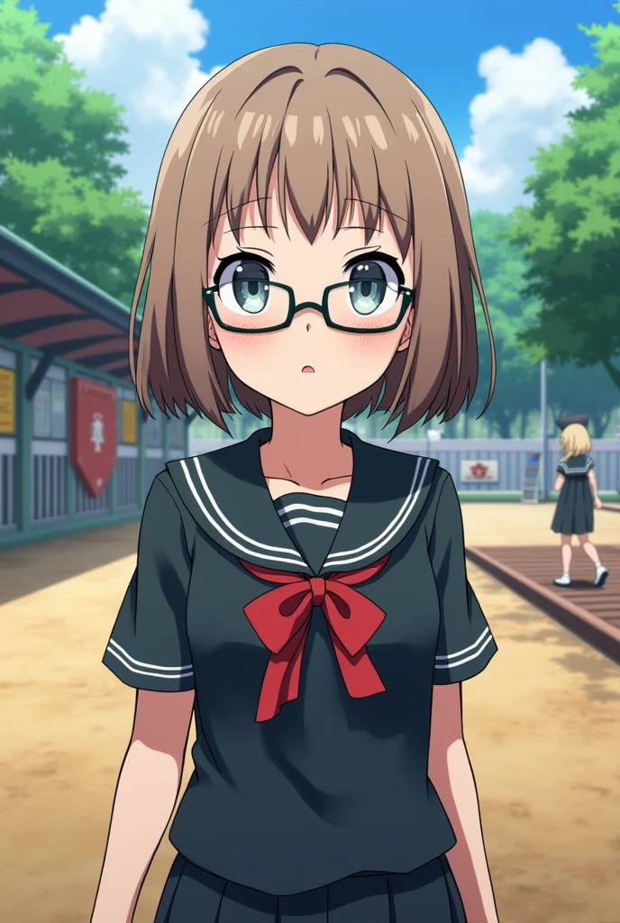 Screenshot of a teenage girl who is a student of jujutsu kaisen Girl with short light brown hair with bangs grayish green eyes and glasses. He is wearing the Jujutsu Kaisen school uniform and in the background he is in the training yard of the Tokyo Metropolitan School of Sorcery.