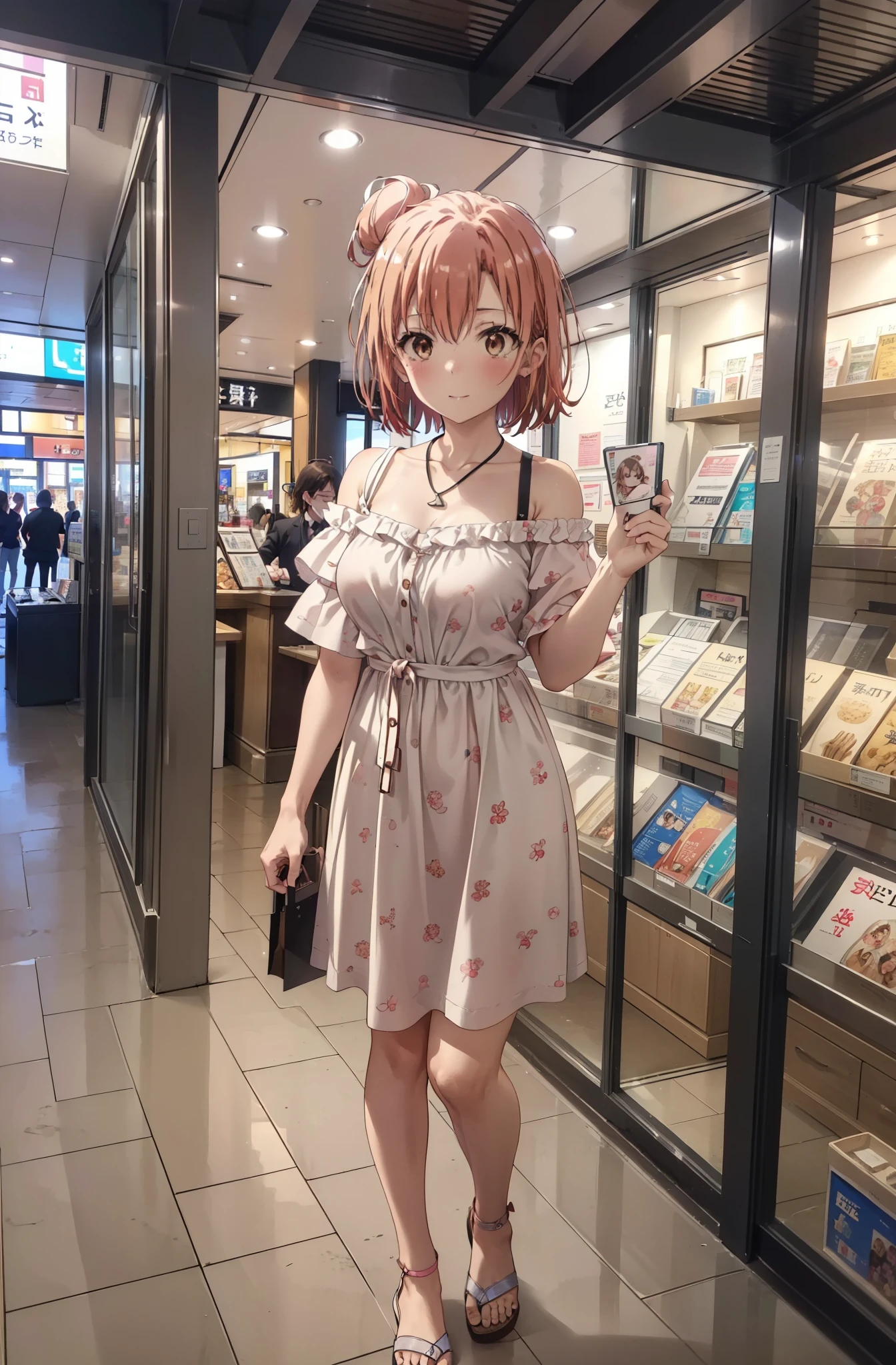 yuiyuigahama, yui yuigahama, short hair, (Brown eyes:1.5), (Pink Hair:1.2), Hair Bun, single Hair Bun,Big Breasts,smile,blush,Open your mouth,Off-the-shoulder dress,Exposing shoulders,bare clavicle,Bare neck,Rocket Pendant,mini skirt,Cute heeled sandals,Walking,whole bodyがイラストに入るように,
break indoors,Shopping mall,
break looking at viewer, whole body,
break (masterpiece:1.2), Highest quality, High resolution, unity 8k wallpaper, (shape:0.8), (Beautiful attention to detail:1.6), Highly detailed face, Perfect lighting, Extremely detailed CG, (Perfect hands, Perfect Anatomy),