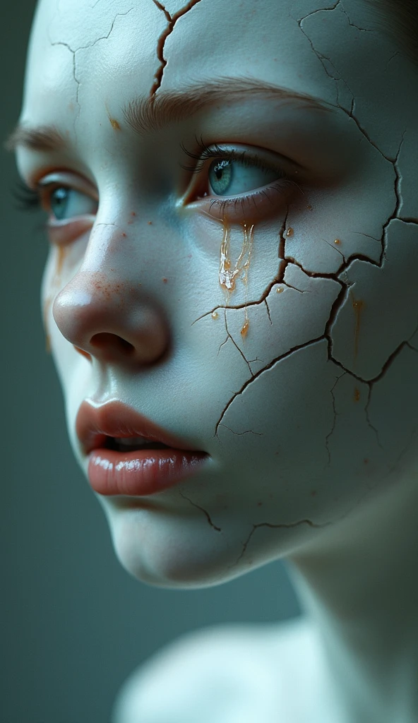 Ultra-detailed headshot of a porcelain-skinned figure, with a face cracked and shattered, deep fissures and missing shards reveal the fragility, tears glistening as they stream down the fractured surface, eyes brimming with intense pain and sorrow, every detail of the shattered porcelain highlighted, soft yet focused lighting that accentuates the cracks and tear-streaked face, blurred background to emphasize the raw emotion and vulnerability, hyperrealistic, cinematic lighting