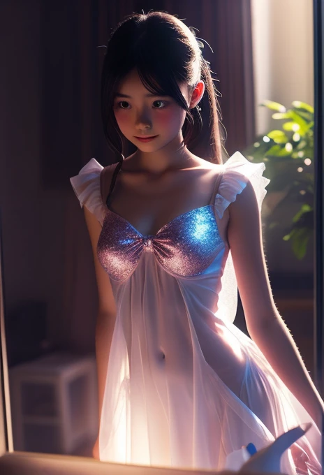 A magical girl appears from the light、Transformation effect、Thin, see-through clothing、Wide-angle shot, Sparkle Effect, Concept Art, reflected light,